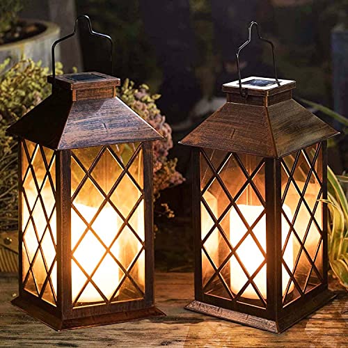 [2 Pack] TAKE ME 14' Solar Lantern Outdoor Garden Hanging Lantern Waterproof LED Flickering Flameless Candle Mission Lights for Table,Outdoor，Mothers Day Gifts Mom Wife