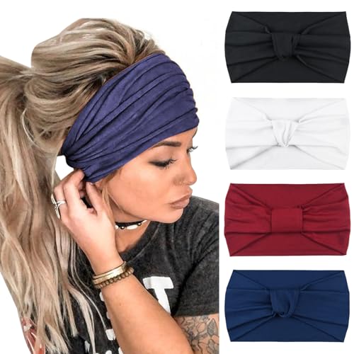 DRESHOW 4 Pack Turban Headbands for Women Wide Vintage Head Wraps Knotted Cute Hair Band Accessories