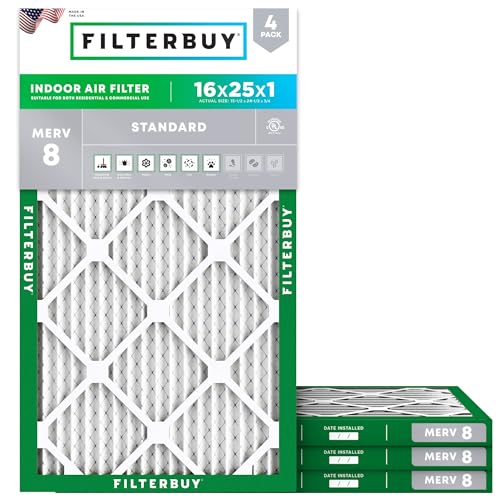 Filterbuy 16x25x1 Air Filter MERV 8 Dust Defense (4-Pack), Pleated HVAC AC Furnace Air Filters Replacement (Actual Size: 15.50 x 24.50 x 0.75 Inches)