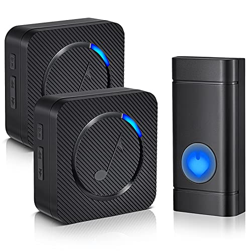 Wireless Doorbell with 2 Receivers, PHYSEN Waterproof Door Bells & Chimes Wireless, Over 1000ft Coverage, 58 Chimes, 110dB loud Sound and LED Flash, Doorbell Chimes for Home Classroom, Black