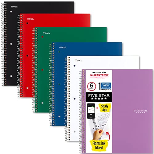 Five Star Spiral Notebooks, 6 Pack, 1 Subject, College Ruled Paper, Fights Ink Bleed, Water Resistant Cover, 8-1/2' x 11', 100 Sheets, Black, Red, Blue, Green, White, Purple (38052)