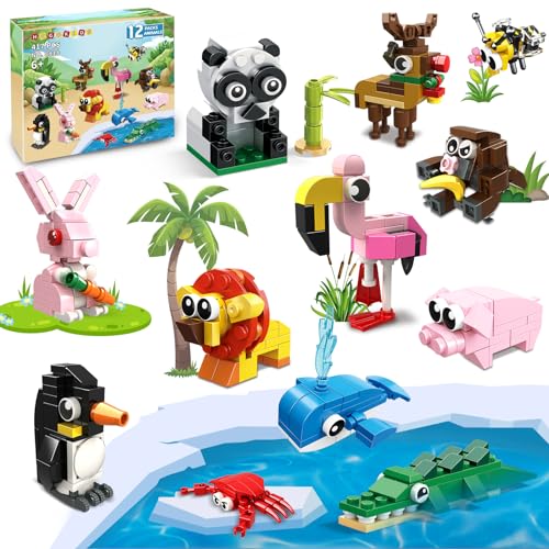 HOGOKIDS Party Favors for Kids - 12 Pack Animals Building Blocks Toy for Easter Gifts Goodie Bags Classroom Prizes Stocking Stuffers Building Set Valentines Day Birthday Gift for Boy Girl Ages 6-12+