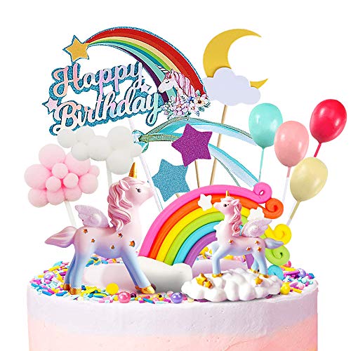 MOVINPE Unicorn Cake Topper, 2 Magic Unicorns Sculpture, 1 Rainbow, 1 Happy Birthday Banner, 2 Cloud, 4 Balloon, 12 Stars, 1 Moon, Cake Decoration For Girl Kid Women Birthday Party