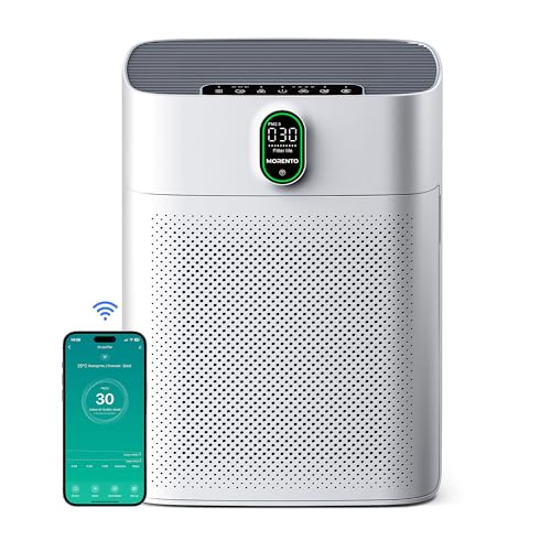 MORENTO Smart Air Purifier for home Large Rooms up to 1076 ft², Wi-Fi and Alexa compatible, PM2.5 Air Quality Display, Auto Mode, Quiet Mode 24dB, HEPA Filter Removes Dust, Pollen, Smoke (White)