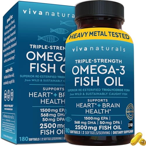 Viva Naturals Triple Strength Omega 3 Fish Oil Supplement - 2500 mg Fish Oil with Re-Esterified Omega 3 Fatty Acids Including EPA, DHA DPA - 180 Pescatarian-Friendly Softgels