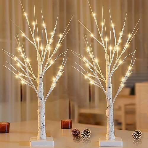 2-Pack 2FT Lighted Birch Tree for Easter Decor with Timer, Easter Tree Spring Decor Birch Tree with 48 LED Warm White Lights, Artificial Tree Light for Indoor Easter Decorations Home Decor