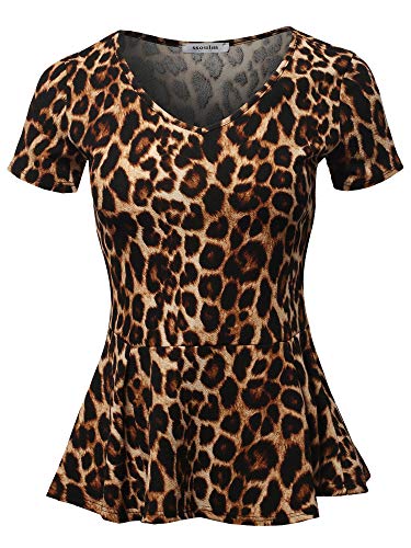 SSOULM Women's Classic Stretchy Short Sleeve Flare Peplum Blouse Top Leopard M