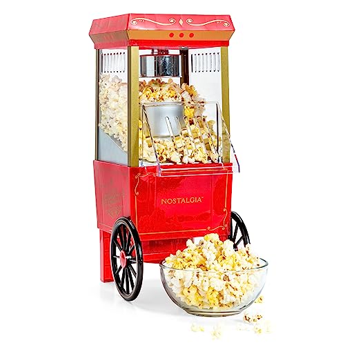 Nostalgia Popcorn Maker, 12 Cups, Hot Air Popcorn Machine with Measuring Cap, Oil Free, Vintage Movie Theater Style, Red