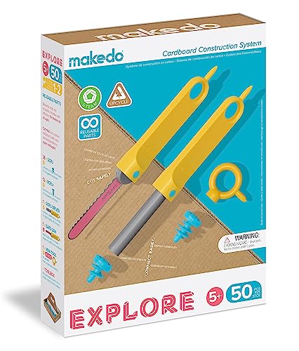 Makedo Explore | Upcycled Cardboard Construction Toolkit in Small Toolbox (50 Pieces) | STEM + STEAM Educational Toys for at Home Play + Classroom Learning | Reusable Tools for Boys and Girls Age 5+