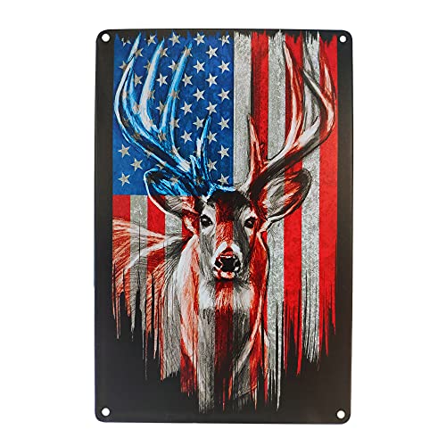Hunting Metal Tin Sign Wall Man Cave Decor Poster, American Flag Deer Vintage Sign Metal Poster Plaque for House Bar Pub Wall Art Sign-12x8 In