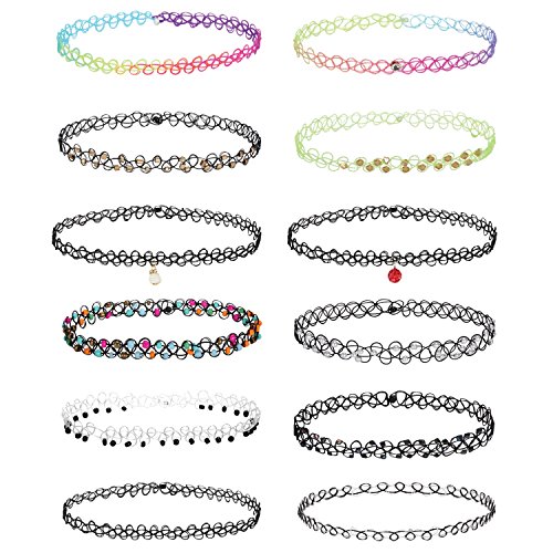 BodyJ4You 12PC Tattoo Choker Necklace Set - 90s Accessories Old School 2000s Jewelry - Pink Blue Green Beads Disco Ball Charm - One Size Women Teen Girl - Stretchy Multicolor Collar
