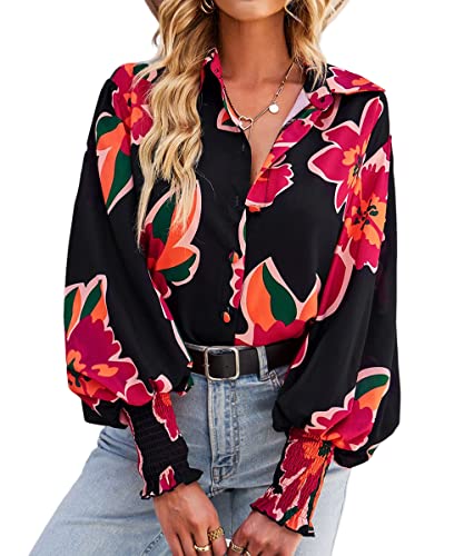 Mincib Women's Long Lantern Sleeve Blouse Casual Oversize Button Down Shirt Floral Tops, Red, M