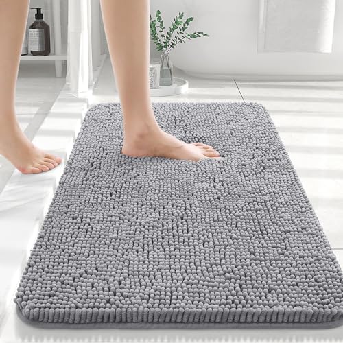 OLANLY Bathroom Rugs 30x20, Extra Soft Absorbent Chenille Bath Rugs, Non-Slip, Dry Quickly, Machine Washable, Bath Mats for Bathroom Floor, Tub and Shower, Grey