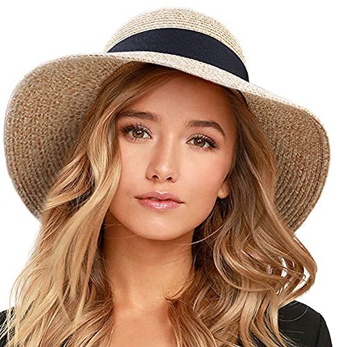 FURTALK Womens Beach Sun Straw Hat UV UPF50 Travel Foldable Brim Summer UV Hat Mixed Beige