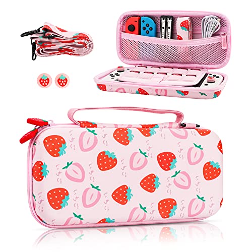 FUNDIARY Cute Strawberry Carrying Case for Nintendo Switch and Switch OLED, Cute Travel Accessories Bag for Switch and Switch OLED, Case with Adjustable Shoulder Strap and 2 Strawberry Thumb Caps