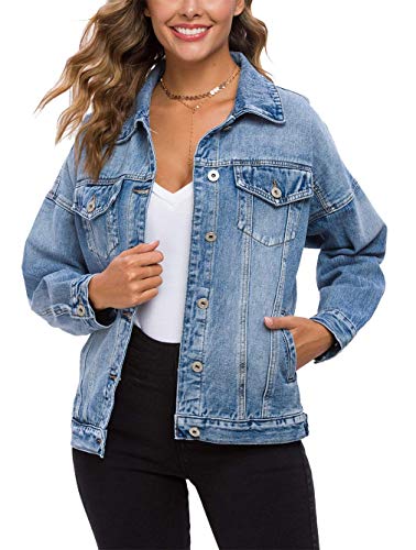 Cantonwalker Women's Oversize Vintage Washed Denim Jacket Long Sleeve Classic Loose Jean Trucker Jacket D003 ……