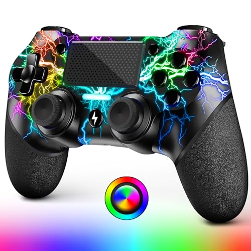 REKORDI Light-up Wireless Controller for PS4,Turbo Function and 3.5mm Audio Jack,Black Crack with RGB Light,1000mah Battery, Compatible with PS4/Slim/Pro and Windows PC