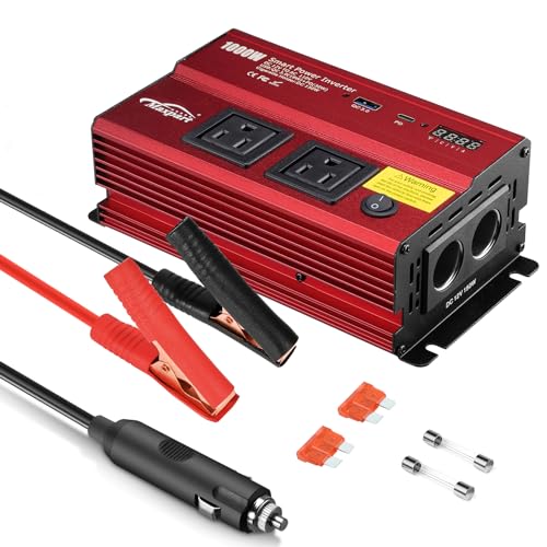 Inverter 1000W Car Power Inverters,12v DC to 110v AC Converter with Dual AC Outlets 3.0A USB and Type-C,12 Volt Inverter Car Cigarette Lighter Battery Inverter for Vehicles, Power Inversor 1000Watts