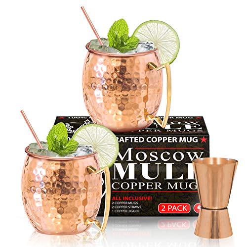 Benicci Moscow Mule Copper Mugs - Set of 2, 100% Handcrafted - Food Safe Pure Solid Copper Mugs - 16 oz Gift Set with Premium Quality Cocktail Copper Straws, Straw Cleaning Brush and Jigger!