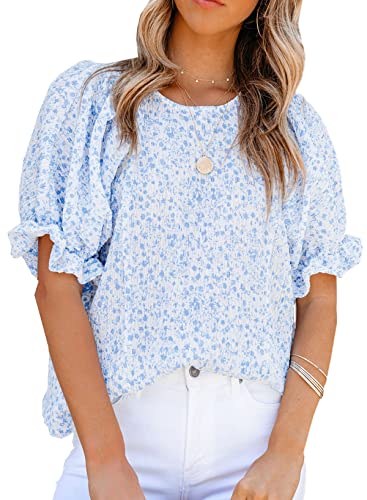 Dokotoo 2024 Summer Blouses for Women Tops Crew Neck Smocked Short Puff Sleeve Cute Boho Flowy Mini Tunic Tops Cute Floral Printed Blouses and Shirts for Juniors XL Sky Blue