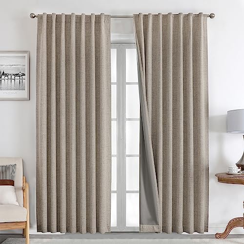 Joydeco Natural Linen Curtains 84 inch Length 2 Panels Set Burg 100% Blackout Long Drapes for Bedroom Living Room Black Out Darkening Curtain Thermal Insulated Back tab Rod Pocket(52x84 inch,Linen)
