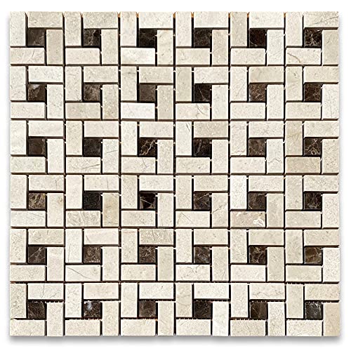 Stone Center Online Crema Marfil Marble Pinwheel Windmill Spiral Target Mosaic Tile w/Emperador Dark Brown Dots Polished Kitchen Bath Wall Floor Backsplash Shower (1 Sheet)