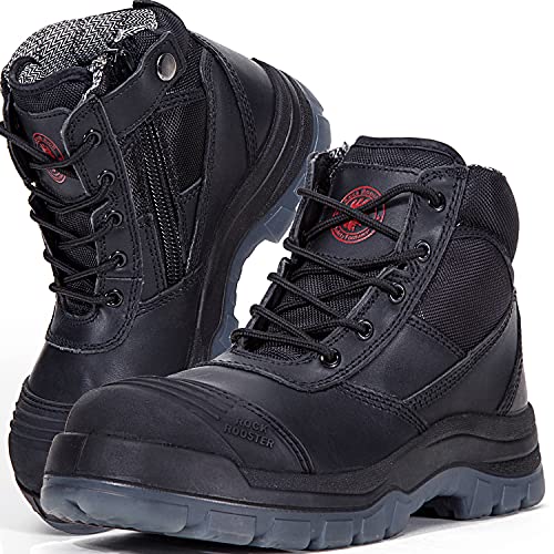 ROCKROOSTER Mens Work Boots, 6 inch Steel Toe Slip Resistant Side Zipper Safety Work Shoes Static Dissipative(AK050 Black, 10)