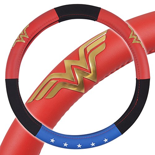 BDK Wonder Woman Steering Wheel Cover - Synthetic Leather - Stars & Gold Logo - Fits All Standard Size Wheel 15 Inch, Model Number: WBSW-1904