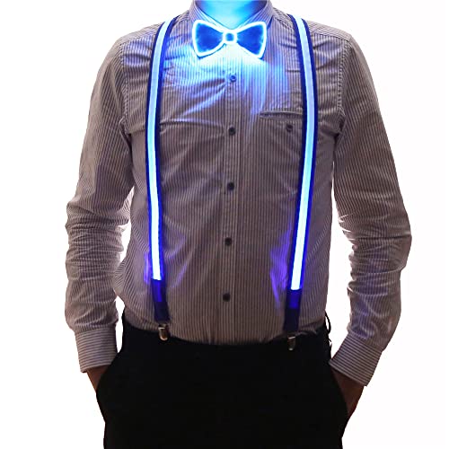 Brejkdo Light Up Men's LED Suspenders and Bow Tie Combo - Light up Suspenders for Men - Glow Party Clothes, Rave Outfits, Halloween Costume, Music Festival (blue)