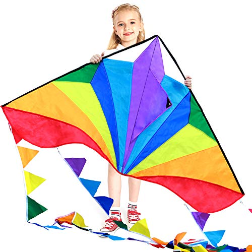 Large Delta Kite for Kids & Adults,Extremely Easy to Fly Kite for Beach Trip,String Line Included,with Colorful Colors Tail,Perfect for Beginners,