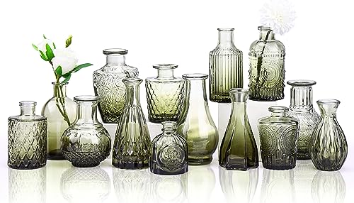 CUCUMI Small Vases 14pcs Glass Bud Vase Set in Bulk, Gradual Green Relief Vase for Centerpieces, Mini Vintage Glass Flower Vases for Wedding Home Table Party Decor