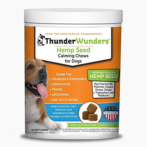 ThunderWunders Hemp Dog Calming Chews | Vet Recommended for Situational Anxiety | Fireworks, Thunderstorms, Travel & More | Made with Hemp Seed, Thiamine, L-Tryptophan, Melatonin & Ginger (60 Count)