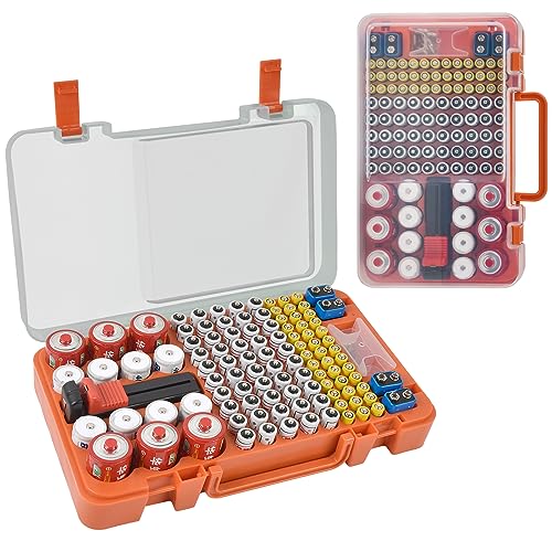 Battery Organizer Storage Case with Tester Checker. Batteries Holder Box Container for 120+ AA AAA 9V C D Lithium CR2025 CR1632 CR2032 Coin Cell Battery with Wall-Mounted Design -Orange