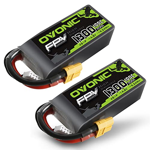 OVONIC 4s Lipo Battery 100C 1300mAh 14.8V Lipo Battery with XT60 Connector for RC FPV Racing Drone Quadcopter(2 Packs)