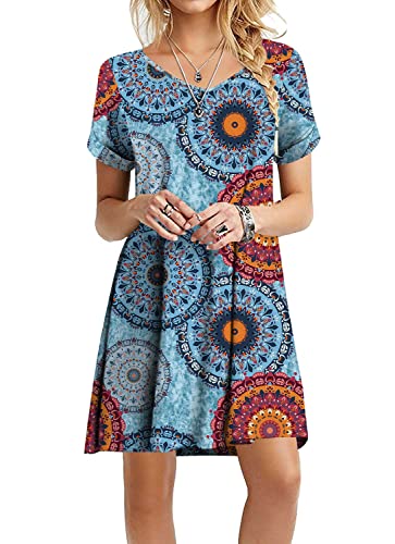 WEACZZY Women's Summer Short Sleeve Casual Dresses Swing Cover Up Loose Sundress with Pockets (Floral Mix Blue,Medium)