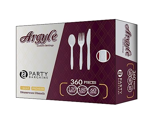 Party Bargains White Plastic Cutlery 360 pcs: 180 Forks, 120 Spoons, 60 Knives. Argyle Design, Heavy Duty & Solid Disposable Silverware Utensils Combo Pack Set for Weddings, Buffets, Luncheons