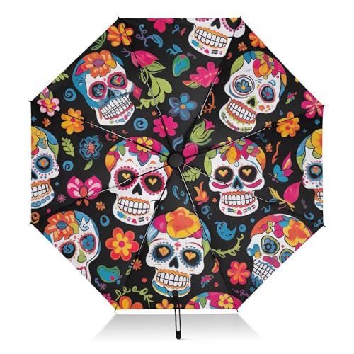 Joko Ivery Day Of The Dead Skull Flowers Travel Compact Umbrella for Rain Windproof Automatic Folding Umbrella with Cover Bag Perfect Car Umbrella for Teenage Men Women Outdoor Walking