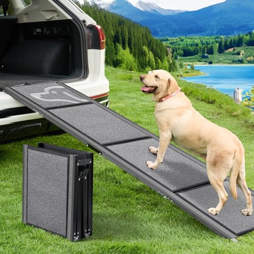 71'' X-Long Dog Ramp for Car -PetThem Folding Pet Steps for Medium & Large Dogs, Portable Pet Stair Ramp with Non-Slip Rug Surface, Dog Car Ramp Up to 250LBS Enter a Car SUV & Truck Outdoors, Grey