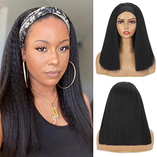 Vligcor 14Inch Kinky Straight Headband Wigs for Black Women None Lace Synthetic Hair Headband Wigs Long Yaki Straight Bob Wigs Natural Hairline Glueless Wig Natural Black Color