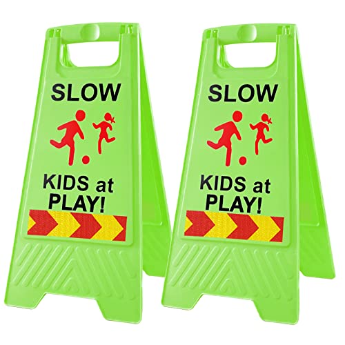 Slow Kids at Play Signs for Street, Double-Sided Text and Graphics with Reflective Tape, Children at Play Safety Sign for Neighborhoods Schools Park Sidewalk Driveway (2-Pack Green)