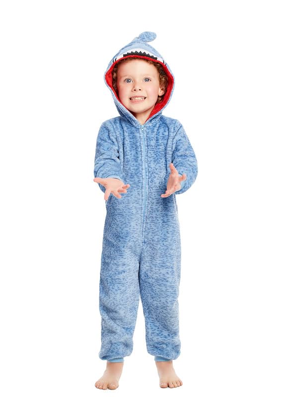 Boys Plush Flannel Fleece Onesie Sleepwear with Animal Face Hood, Flame Resistant, Footless, Half Zip Kids Pajamas, Blue Shark, L