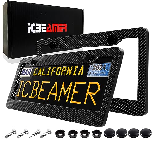 ICBEAMER License Plate Frames- Gloss Real Carbon Fiber Waterproof Black Plastic for Auto Vehicle Truck Van [Pack 2 pcs]