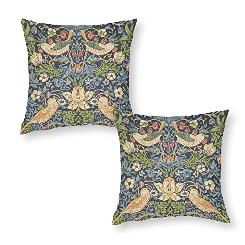 RURALS Set of 2 Strawberry Thief-William Morris Decorative Pillow Covers 18x18 Inch Cozy Soft Throw Pillowcase Square Couch Cushion Cover for Home Decor Sofa Living Room Bed Car