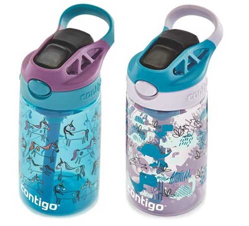 Contigo Kids Water Bottle with Autospout Straw – Spill Proof, Easy-Clean Lid Design, 14 oz., Unicorns & Dinos, 2 - pack