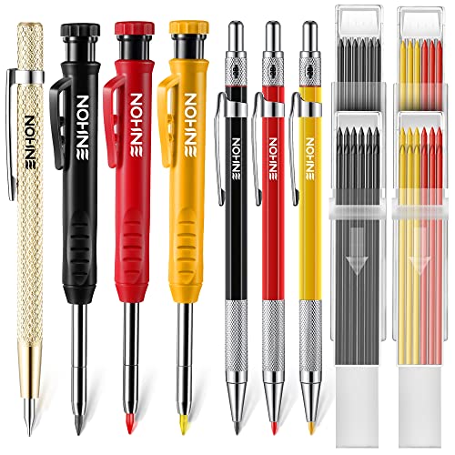 Enhon Mechanical Carpenter Pencils Set with Marker Refills and Carbide Scriber Tool, Solid Deep Hole Woodworking Pencils Marker Marking Tools with Built in Sharpener for Architect Construction