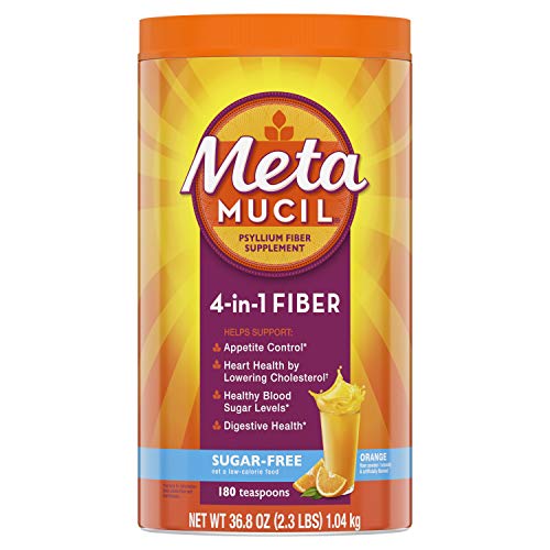 Metamucil 4-in-1 Fiber Supplement for Digestive Health, Psyllium Husk Fiber Powder, Sugar-Free Fiber Supplement, Orange Flavored, 180 teaspoons