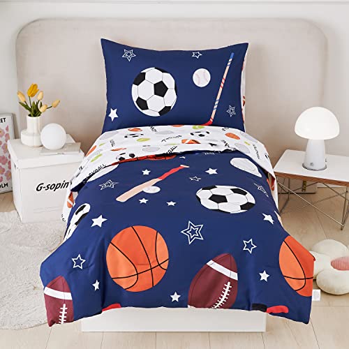URBONUR 4-Piece Toddler Bedding Set - Ultra Soft Sports Series Basball Football Basketball Boys Toddler Comforter Set Navy - Include Comforter, Flat Sheet, Fitted Sheet and Reversible Pillowcase