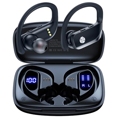 bmanl Wireless Earbuds Bluetooth Headphones 48hrs Play Back Sport Earphones with LED Display Over-Ear Buds with Earhooks Built-in Mic Headset for Workout Black