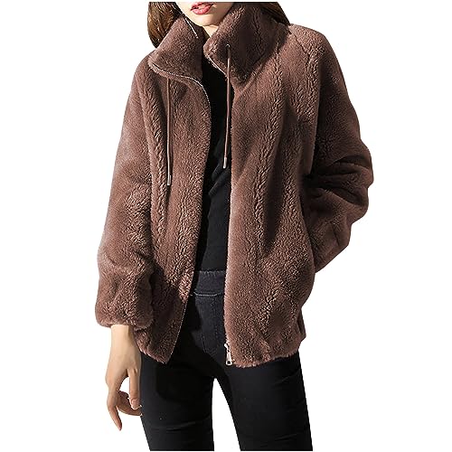 lightning deals of today clearance Winter Coats For Women Standing Collar Drawstring Full Zip Up Long Sleeve Sherpa Jacket Chunky Winter Clothes winter coats women Brown 4X
