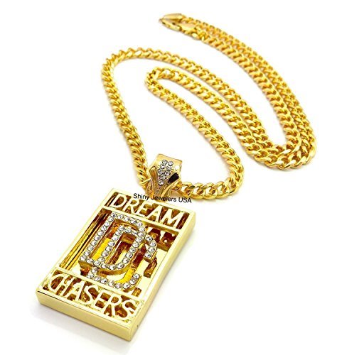 Shiny Jewelers USA Mens ICED Out Dream Chasers Pendant Cuban,Rope,Box Chain Necklace Hip HOP (Gold Cuban Chain)